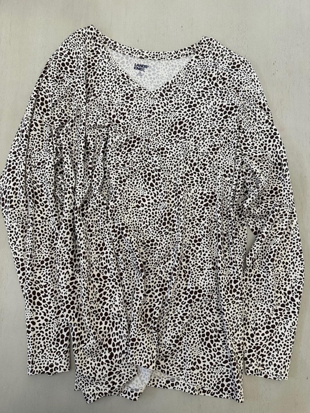 Lands' End Long-Sleeve V-Neck Top in Cream and Brown Leopard Print - NWOT